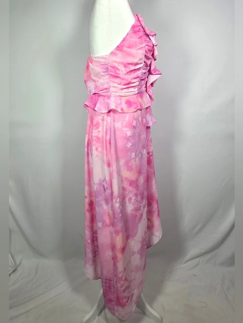 Tularosa Pink Tie Dye Ruffle High Low Midi Dress‎ Strappy L